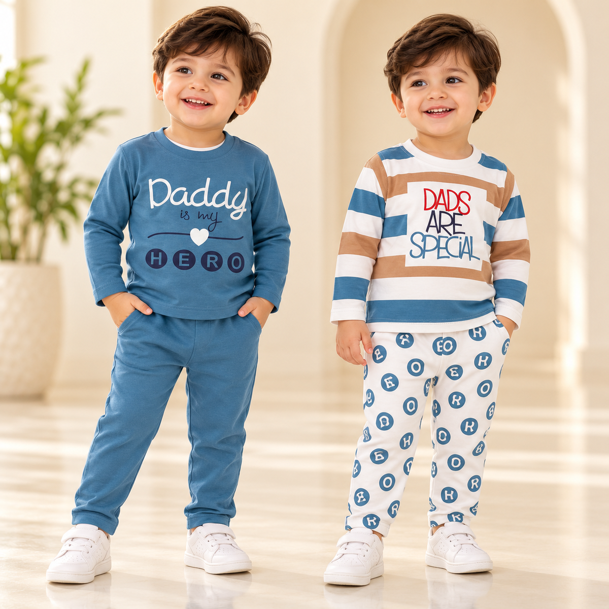 Two boys wearing blue and striped dad-themed graphic tops with coordinating joggers