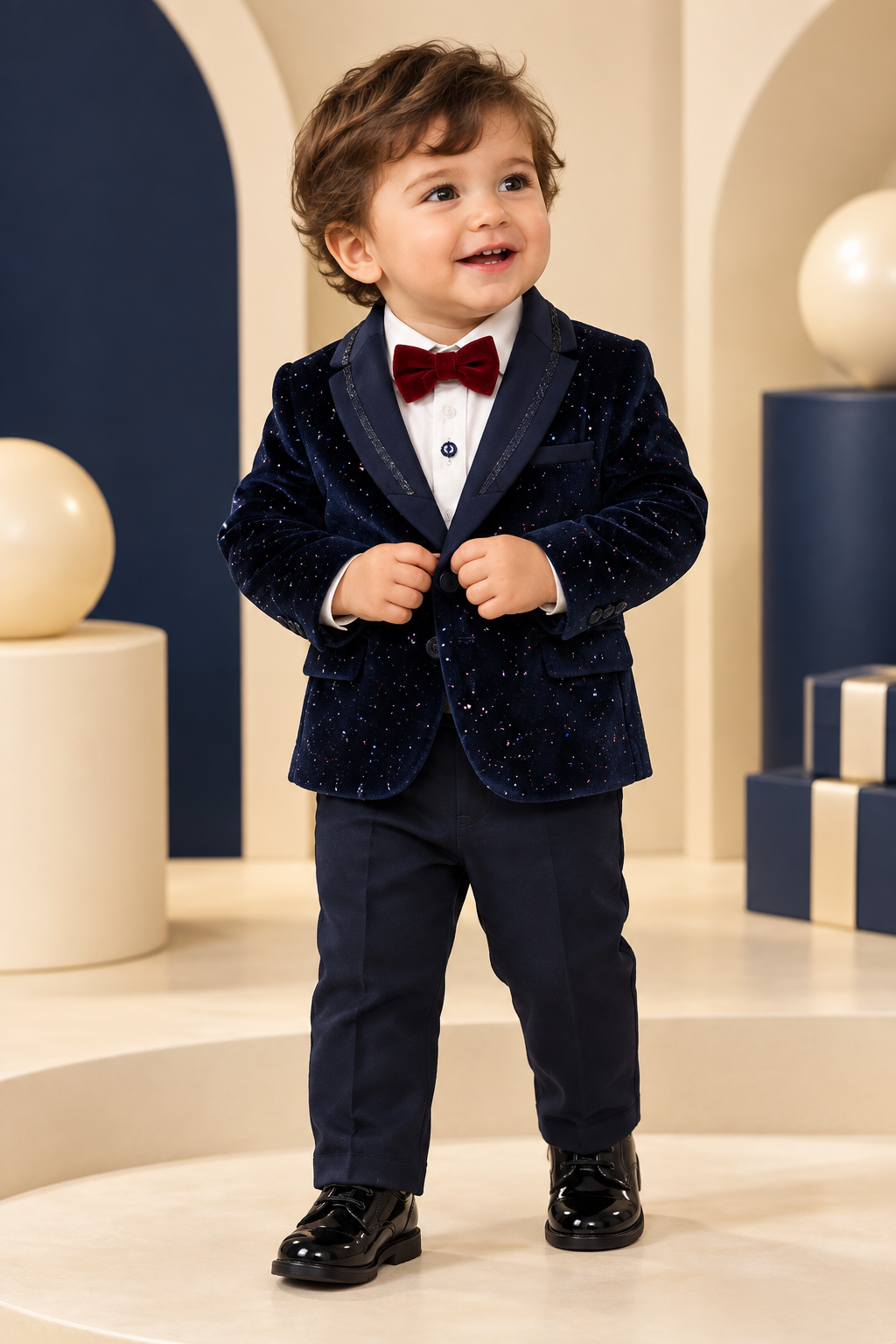 Toddler wearing navy sparkle blazer, white shirt, red bow tie and navy trousers