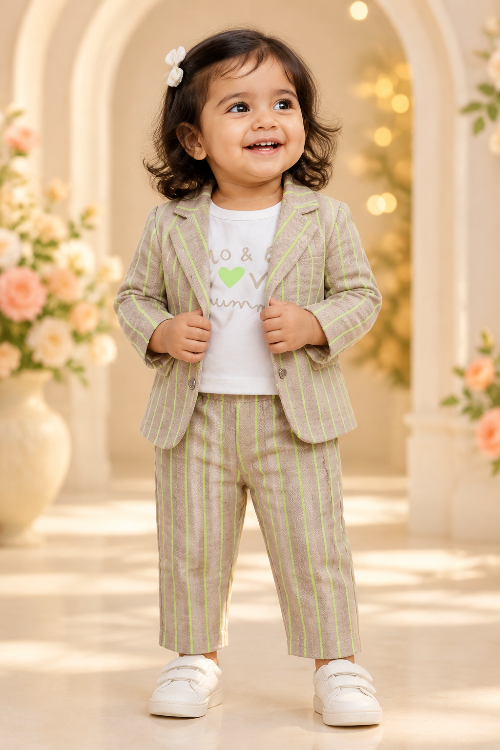Toddler girl wearing striped blazer, tee and matching pants