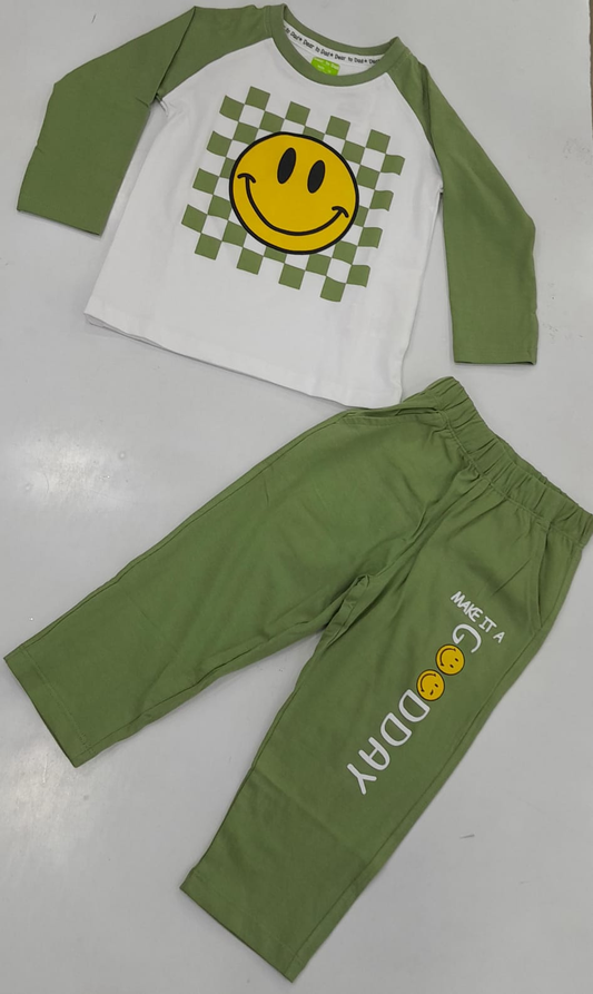 Mint Kids 09M Boys smiley face checkered raglan tee with matching olive green jogger pants