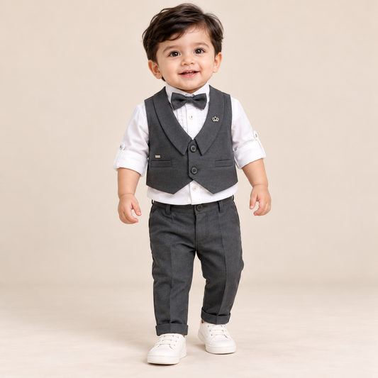 Boy wearing a white shirt with charcoal waistcoat, matching formal pants and bow tie