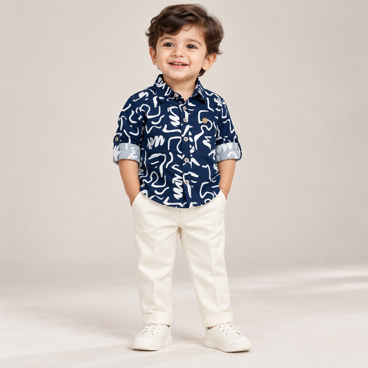 Boy wearing a navy collared shirt with white abstract print and rolled-up sleeves