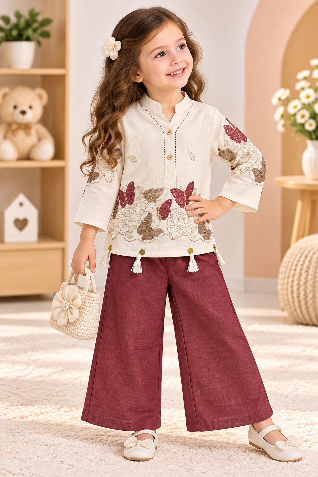 Girl wearing a cream butterfly-detail top with tassel trim and maroon wide-leg palazzo pants