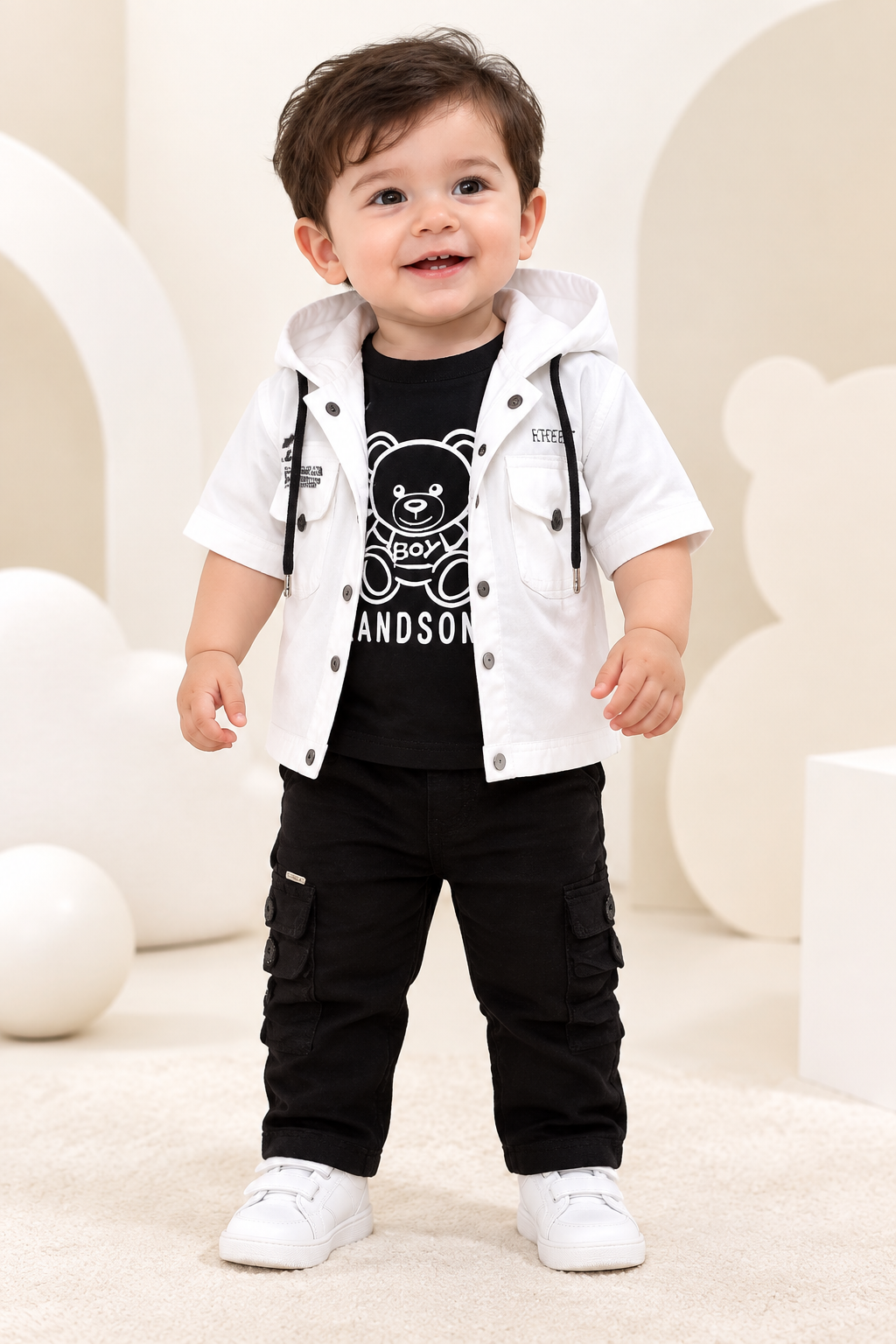 Toddler wearing white hooded vest over black bear graphic T-shirt and black cargo pants