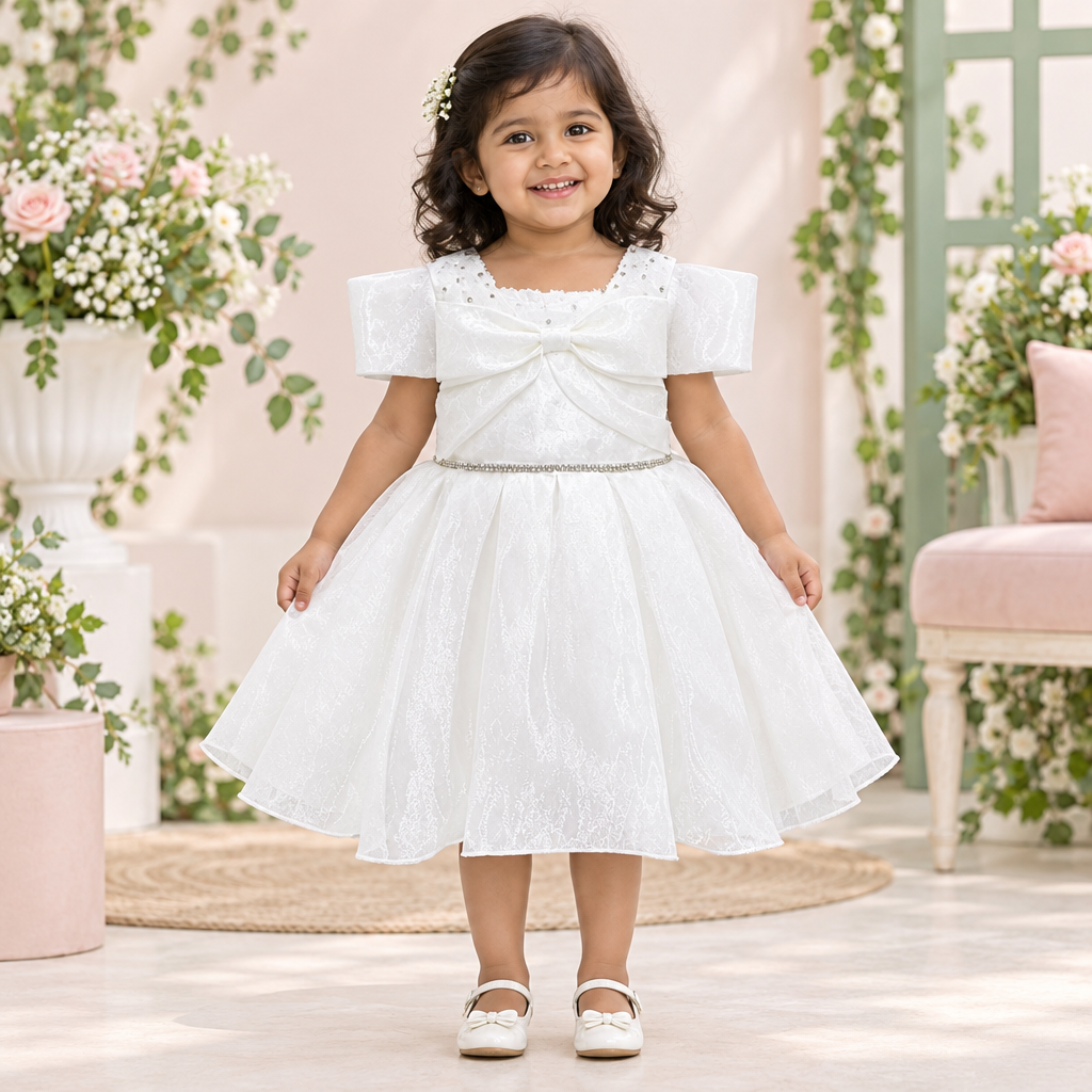 Toddler girl wearing white bow waist party dress in a garden-party studio