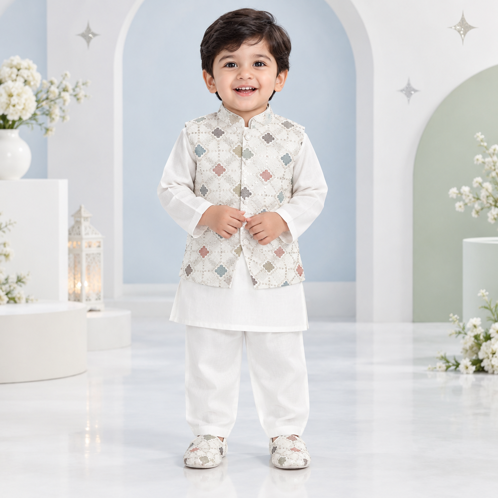 Toddler boy wearing white sequin diamond waistcoat, kurta, pyjama and matching shoes