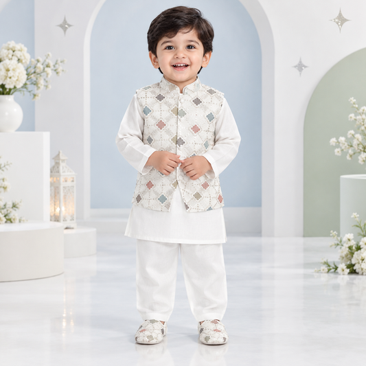 Toddler boy wearing white sequin diamond waistcoat, kurta, pyjama and matching shoes