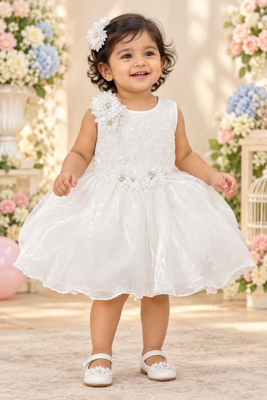 Toddler girl wearing white floral knee-length party frock