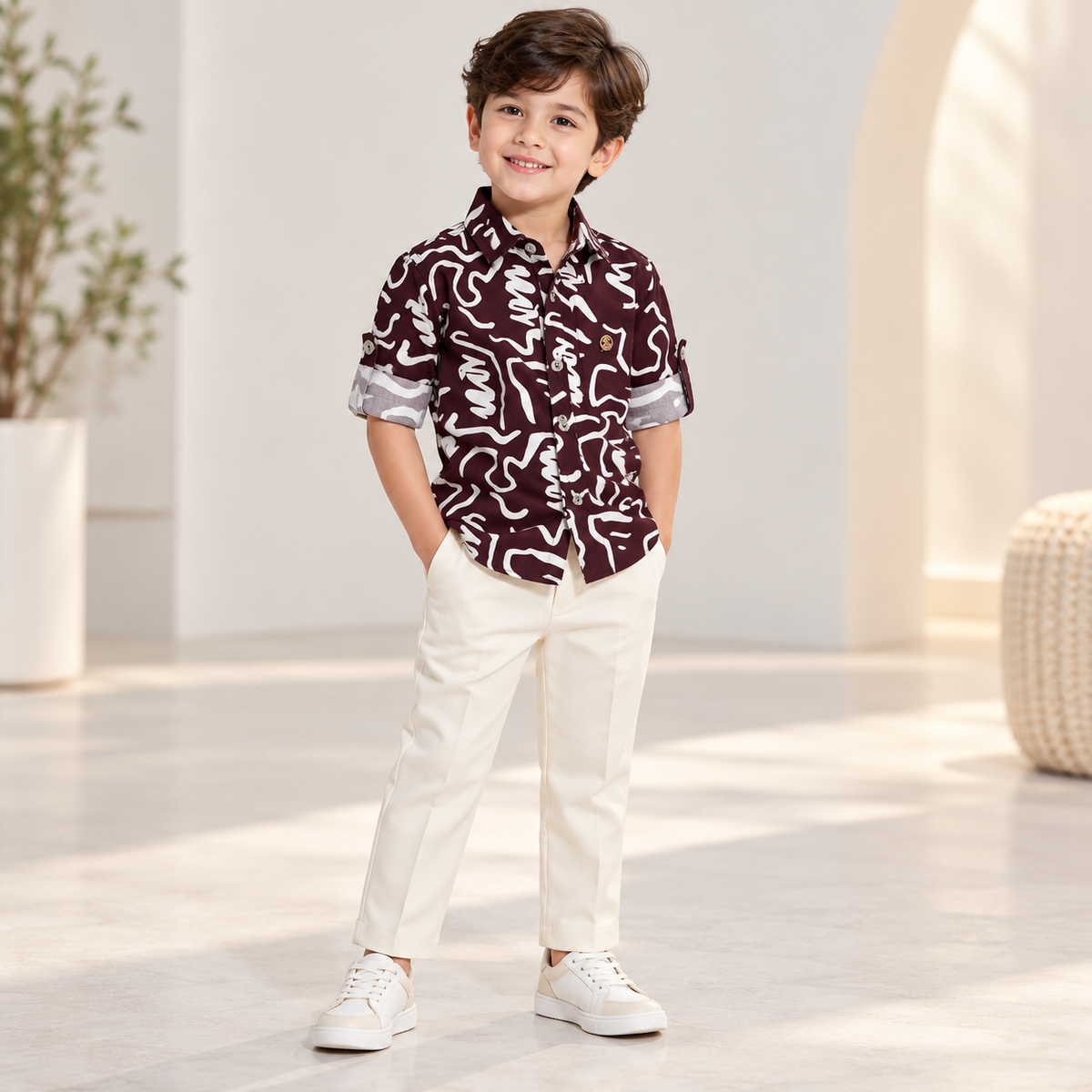 Boy wearing a maroon abstract-print collared shirt and white pants
