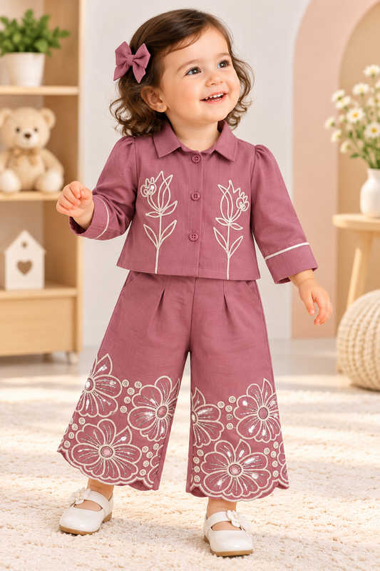 Girl wearing a mauve floral embroidered collared top and matching wide-leg palazzo pants with scalloped hems