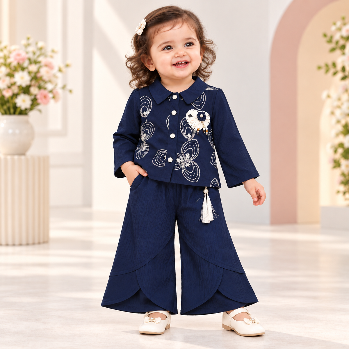 Girl wearing a navy embroidered collared top and matching layered palazzo pants with a white tassel