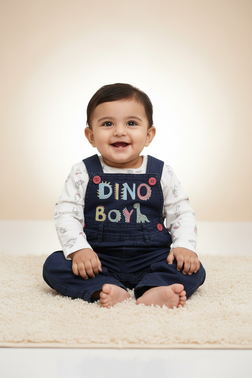 Baby boy wearing dino boy navy denim dungaree and white dinosaur print onesie set - mockup