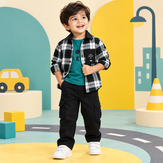 Toddler boy wearing black and white check flannel shirt, teal tee and black cargo pants in a playful urban studio