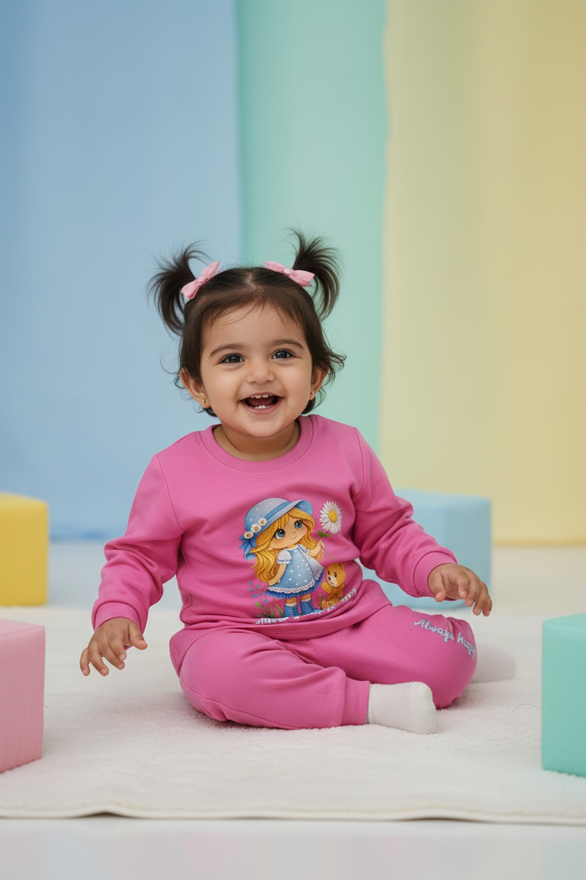 Baby girl wearing bright pink Always Stay Happy doll print co-ord set - mockup