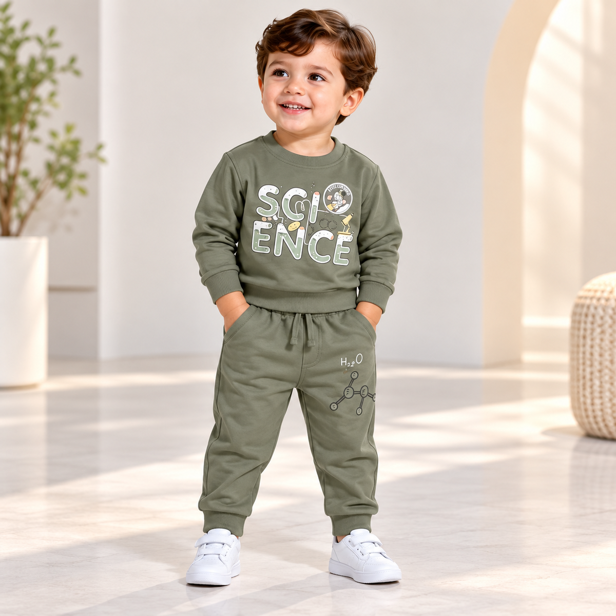 Boy wearing an olive green science graphic sweatshirt and matching molecule-print joggers