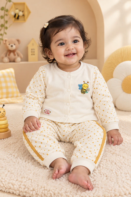 One-year-old girl wearing the bee print baby tracksuit set