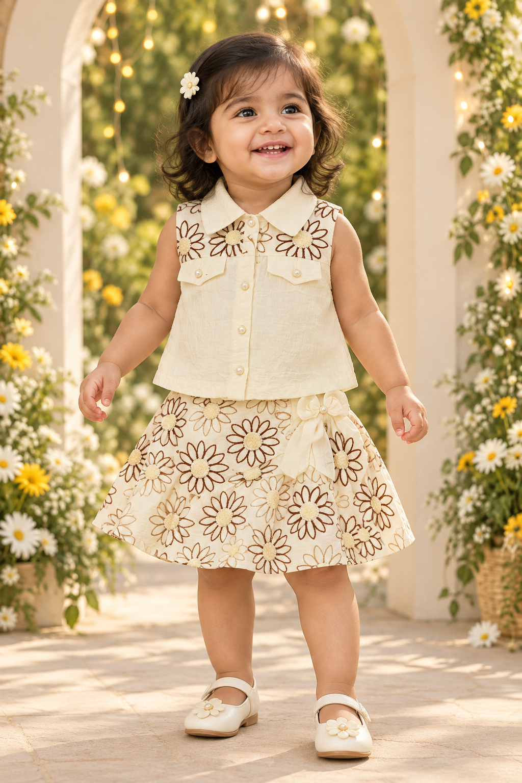 Toddler girl wearing cream sleeveless shirt and daisy skirt
