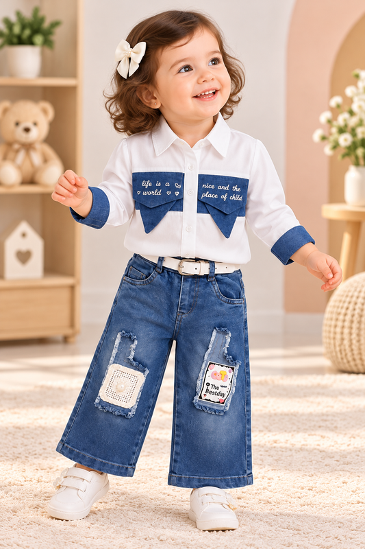 Girl wearing a white shirt with blue pocket and cuff details, paired with blue wide-leg patch-detail jeans