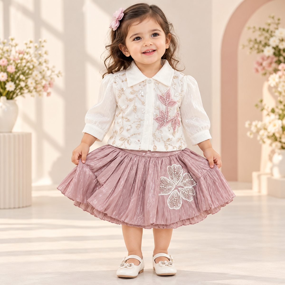 Girl wearing a white floral embroidered shirt with sequin details and a mauve gathered skirt