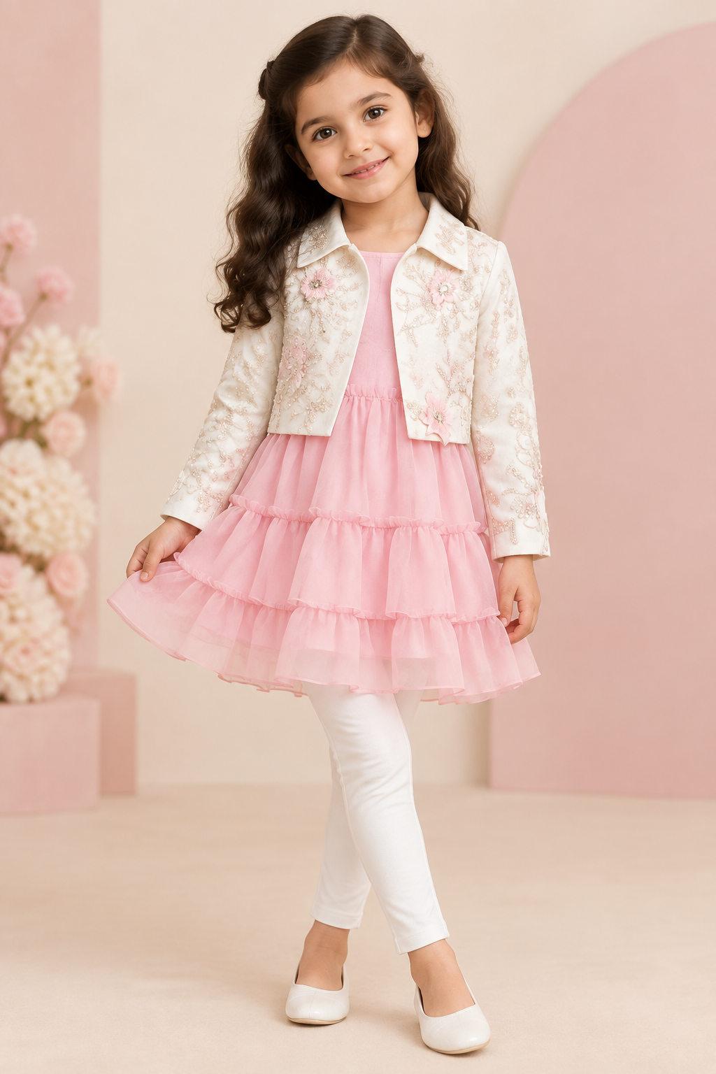 Girl wearing pink tiered tunic, ivory embroidered jacket and white leggings