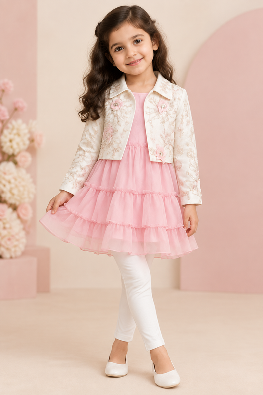 Girl wearing pink tiered tunic, ivory embroidered jacket and white leggings