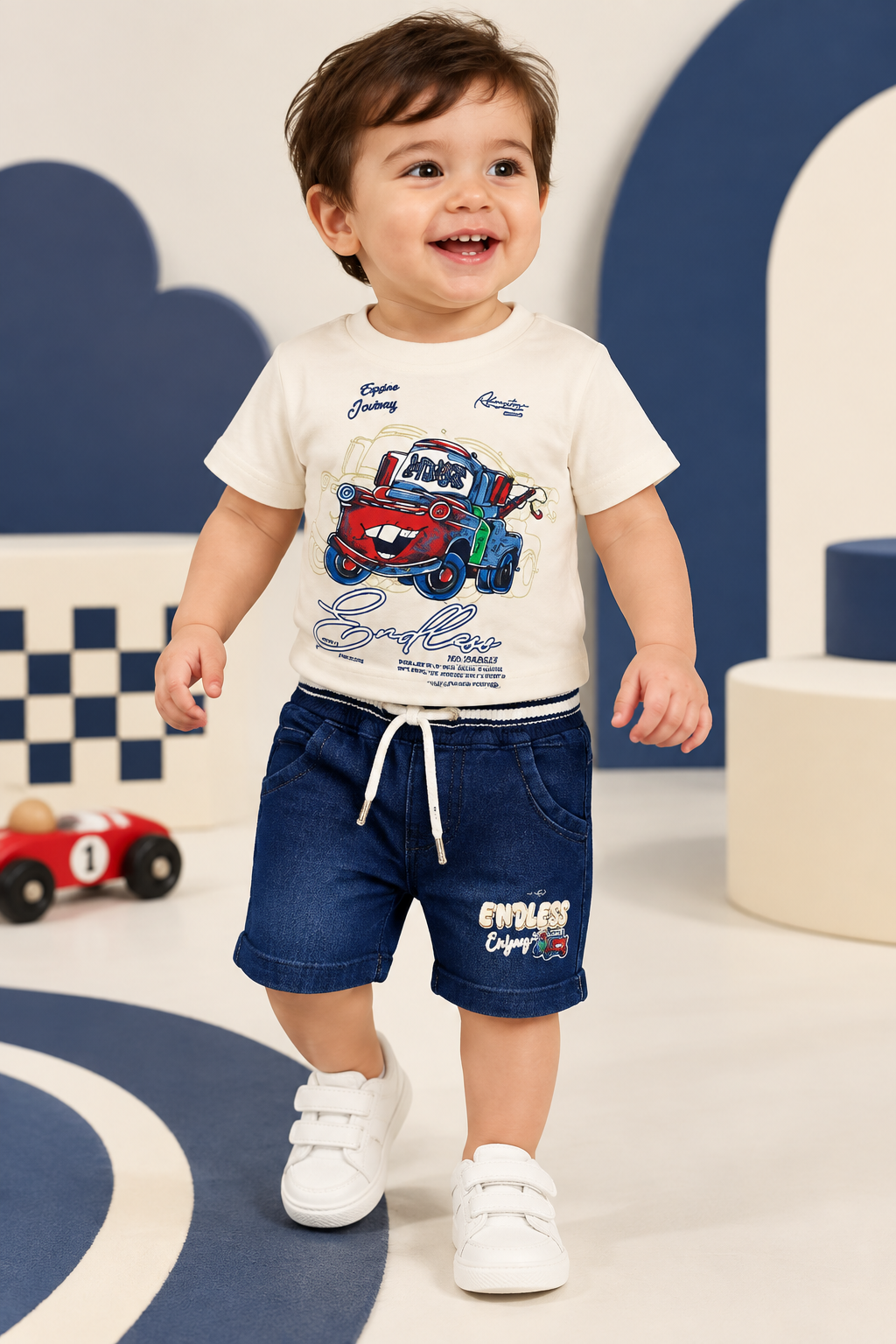 Toddler wearing cream car-print T-shirt and dark blue denim capri