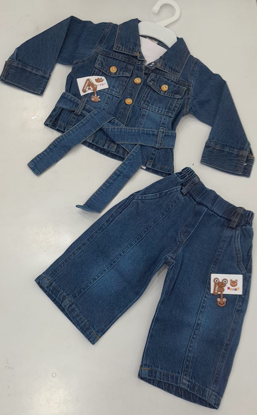 Mint Kids 1228 – 2-piece boys blue denim belted jacket and matching jeans with teddy bear patch