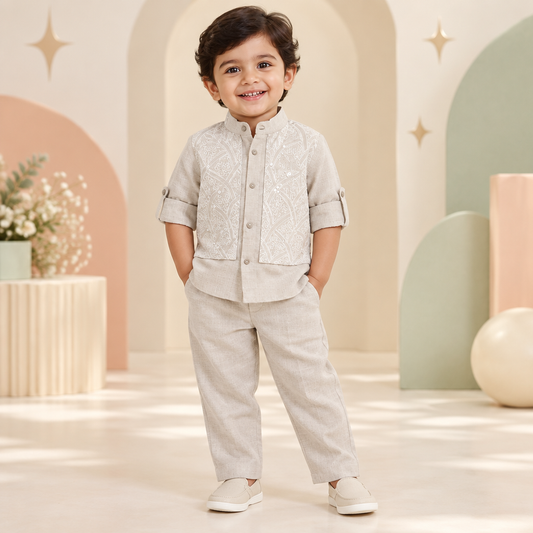 Toddler boy wearing cream sequin embroidered shirt and matching trousers with a clean covered waistband