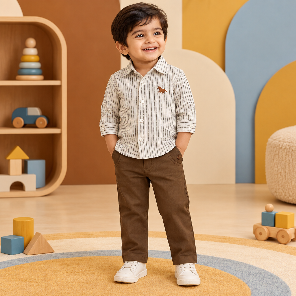 Toddler boy wearing striped shirt and brown trousers with a clean covered waistband in a warm retro studio