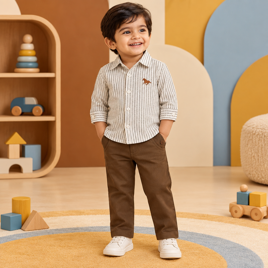 Toddler boy wearing striped shirt and brown trousers with a clean covered waistband in a warm retro studio