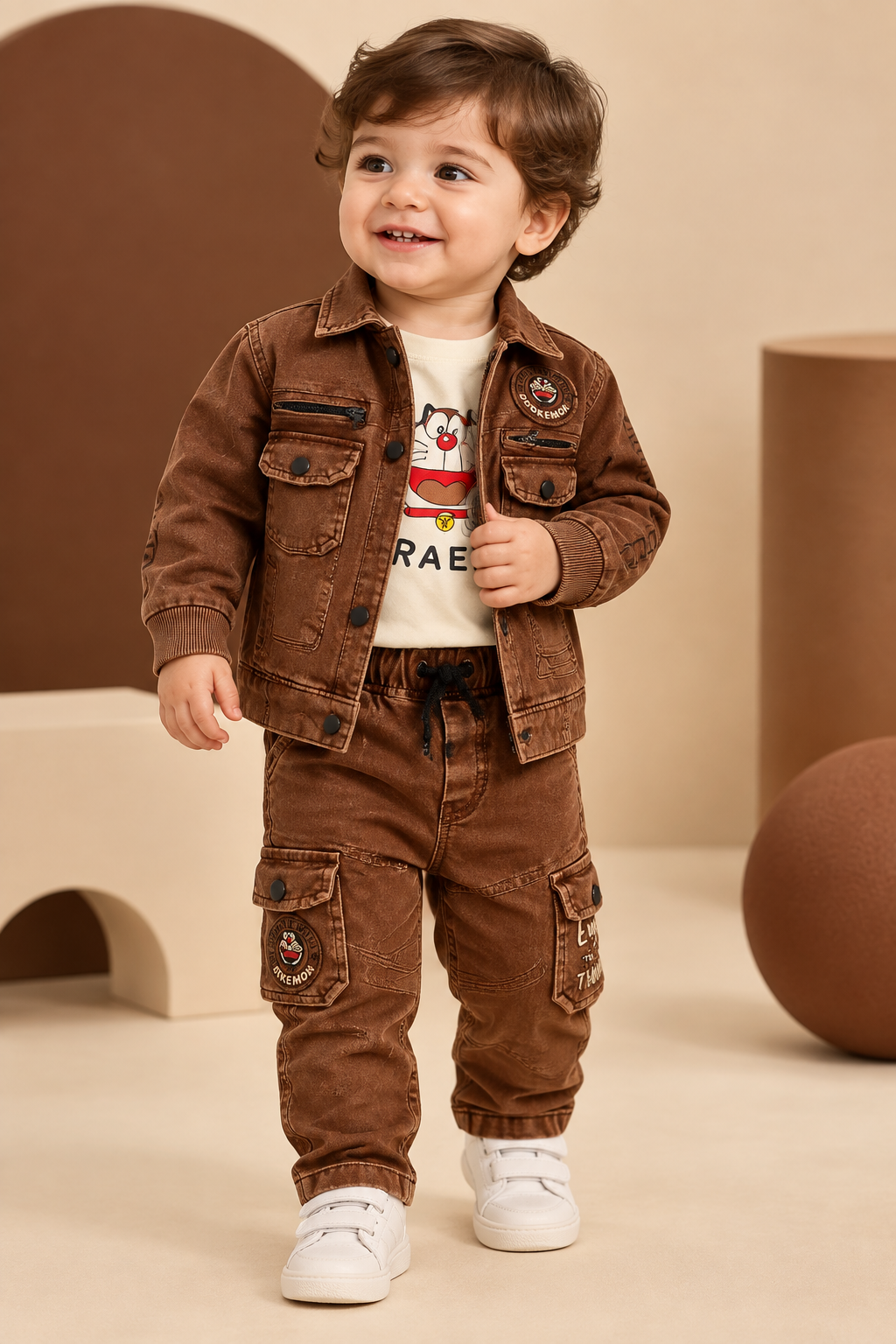 Toddler wearing brown utility jacket, cream graphic tee and matching cargo pants
