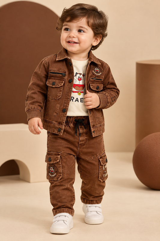 Toddler wearing brown utility jacket, cream graphic tee and matching cargo pants