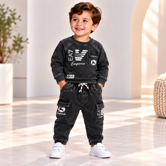 Boy wearing a washed charcoal graphic sweatshirt and matching drawstring cargo pants