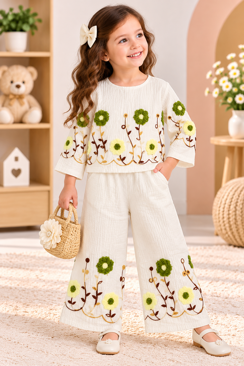 Girl wearing a cream top and matching wide-leg palazzo pants with green and yellow floral embroidery