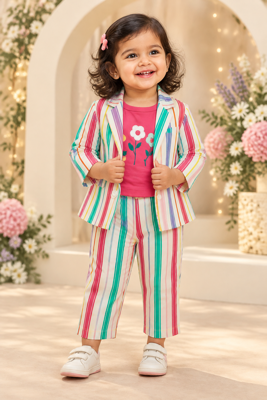 Toddler girl wearing multicolour striped blazer, floral tee and pants