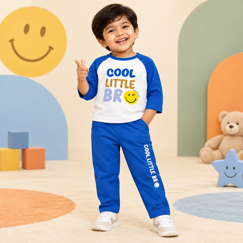 Toddler boy wearing Cool Little Bro T-shirt and matching jogger set with a clean covered waistband
