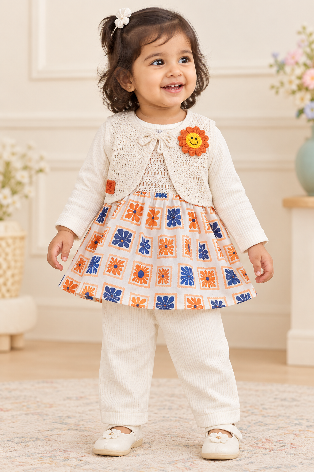 Toddler girl wearing white floral frock top, crochet vest and cream pants