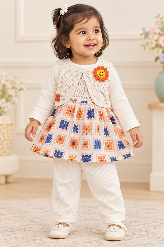Toddler girl wearing white floral frock top, crochet vest and cream pants