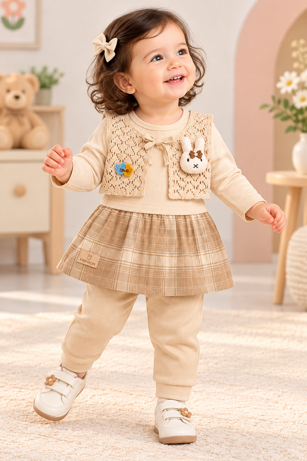Baby girl wearing a beige lace bunny-detail vest over a check tunic with matching beige pants