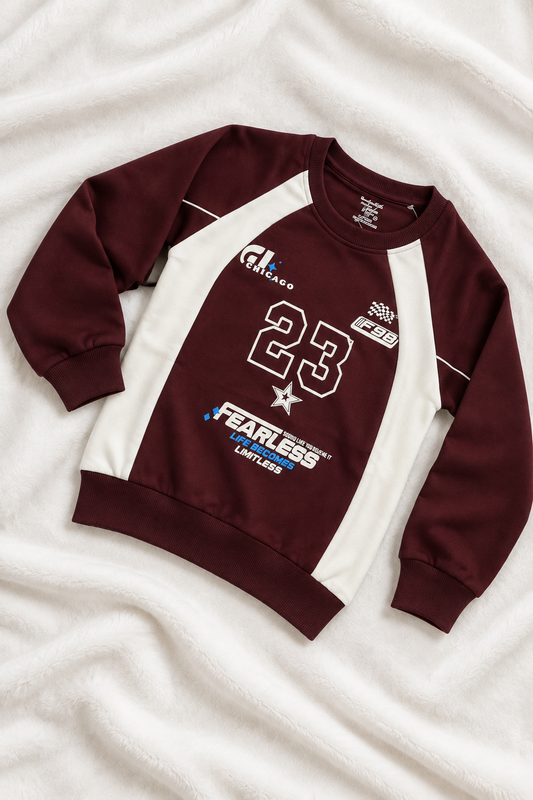 Maroon 23 graphic sweatshirt laid stylishly on white fabric