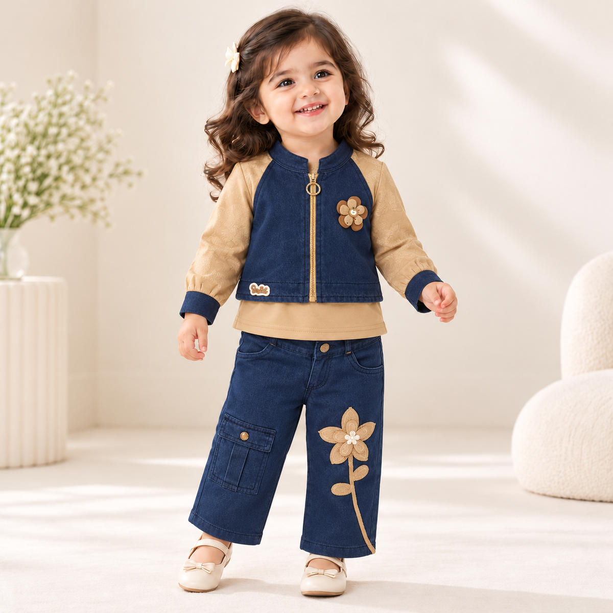 Girl wearing a navy and beige floral jacket with beige top and navy wide-leg floral pants