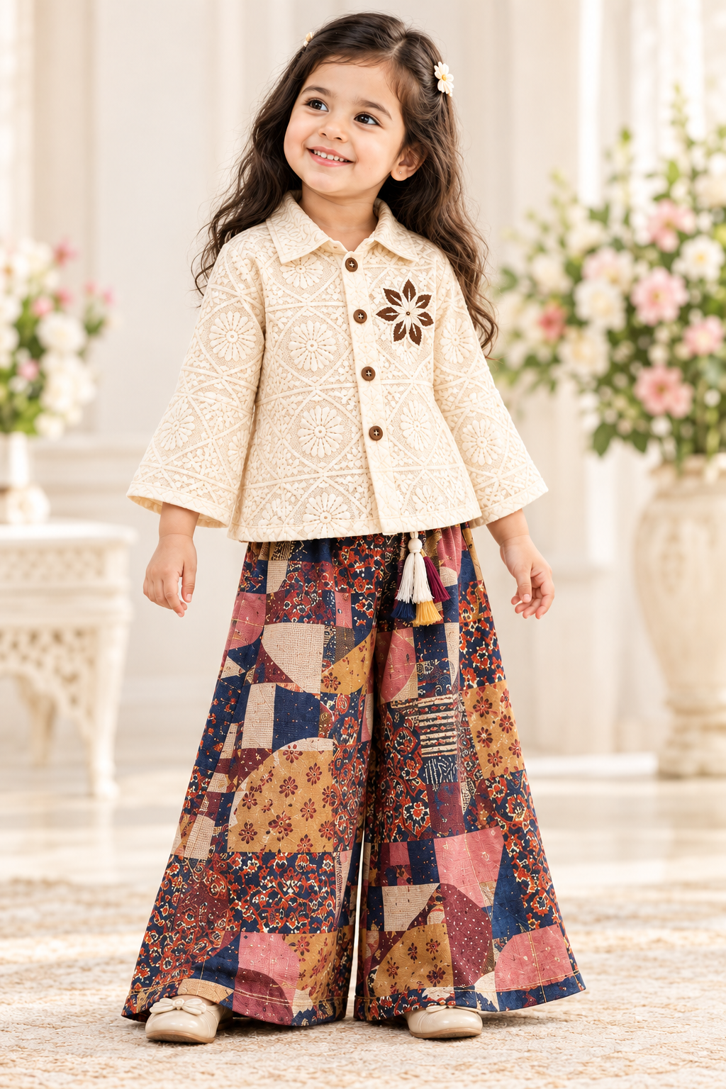 Little girl wearing cream embroidered button-front jacket and full-length patchwork palazzo