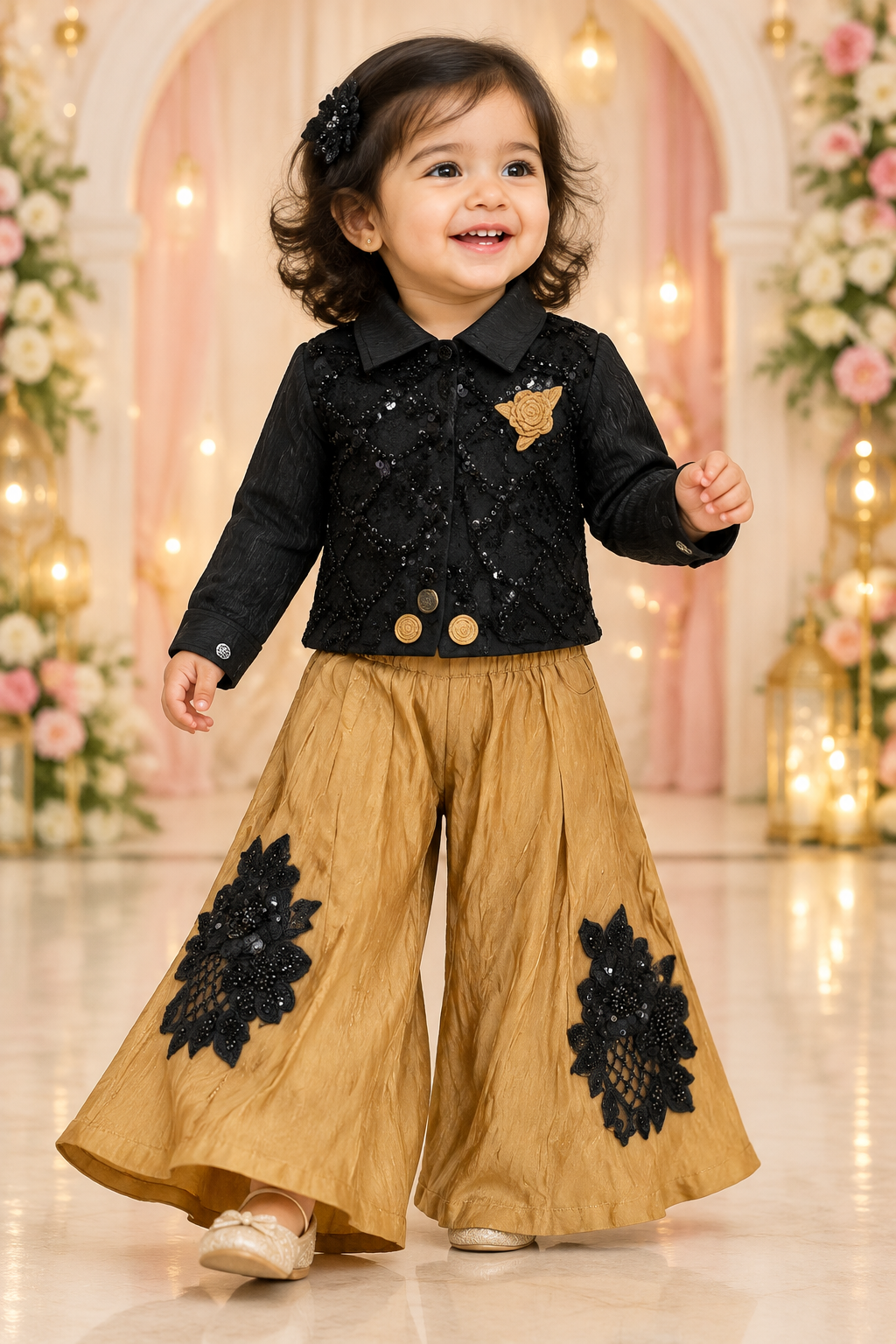 Toddler girl wearing black sequin top and golden full-length Russian palazzo