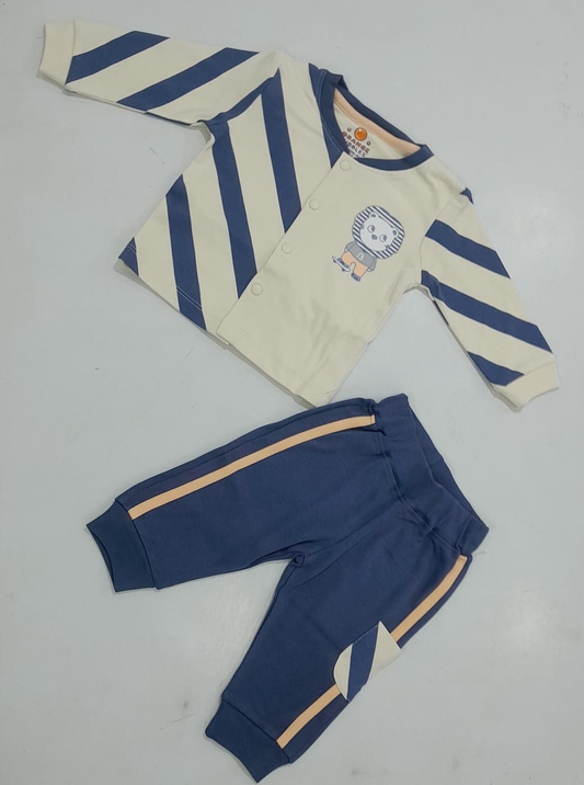 Cream and navy lion stripe baby tracksuit set with button-up top and joggers