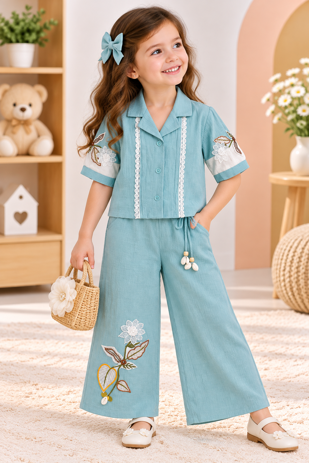 Girl wearing an aqua lace-trim collared top and matching floral-detail wide-leg palazzo pants