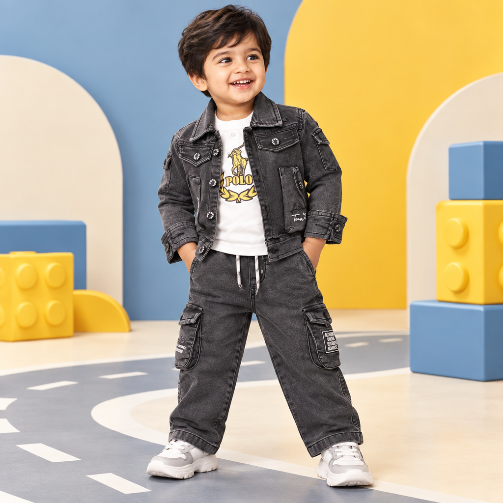 Toddler boy wearing grey denim jacket, polo tee and cargo pants set in a playful street-style studio