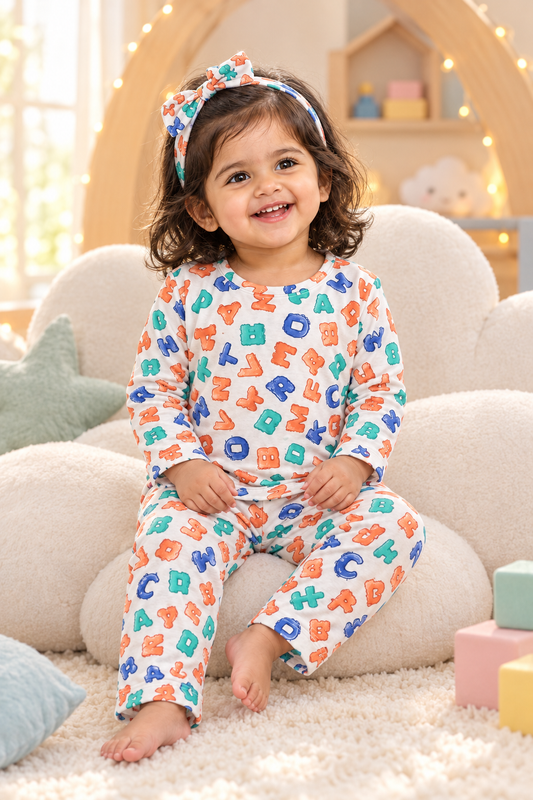 Toddler girl wearing alphabet print pyjama set with matching hairband