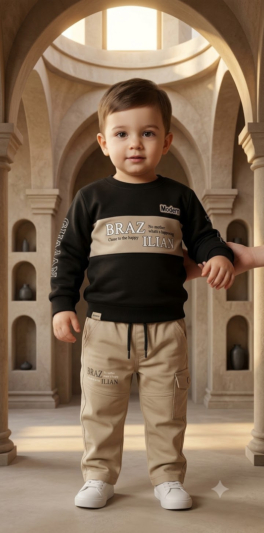 Boy wearing black graphic top and beige cargo pants