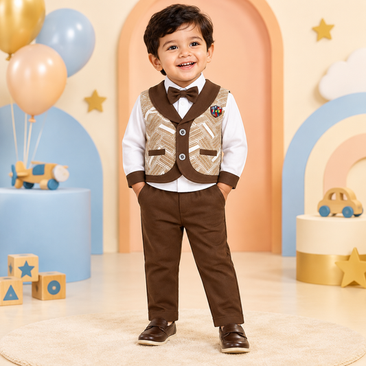 Toddler boy wearing three-piece formal shirt, waistcoat and pants set with a clean waistband
