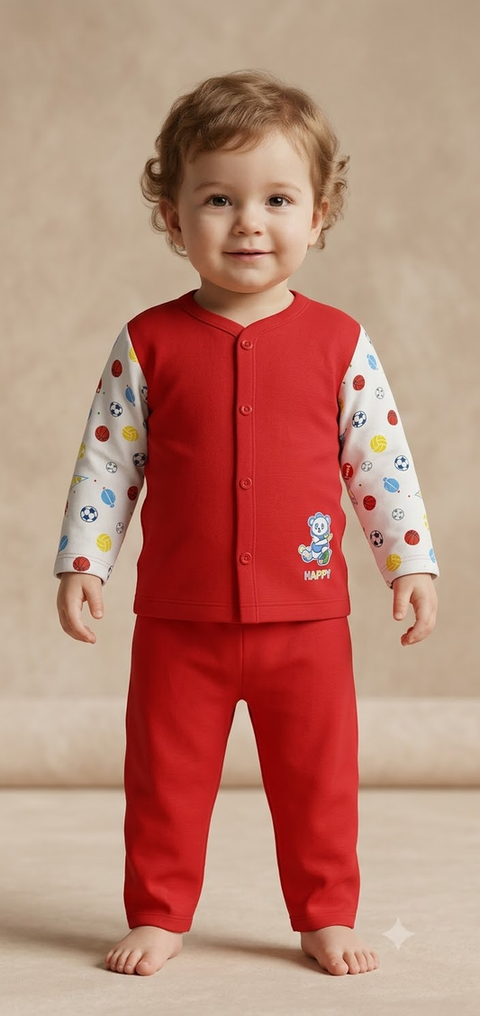 Toddler wearing red printed-sleeve top and matching pants